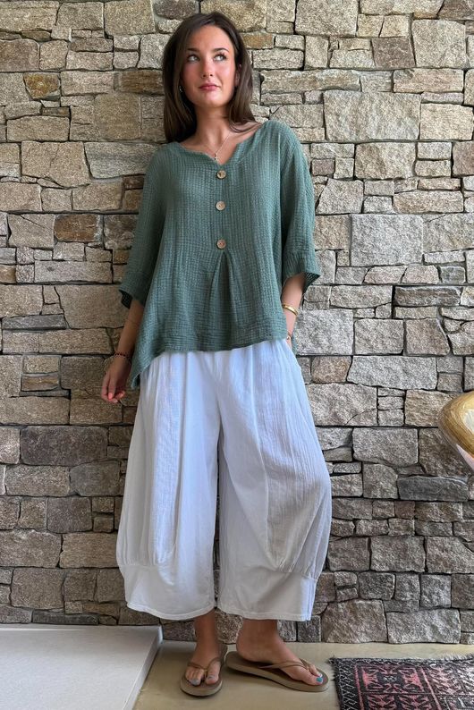 Andi Basket Linen Blend Top Khaki